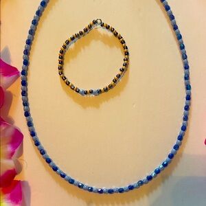 Blue and Gold Beaded Necklace and Bracelet Set
